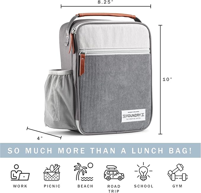 Fit & Fresh Insulated Lunch Box for Kids, Unisex, Polyester, Charcoal, 10" x 8.25" x 4", with Side Pocket and Front Zip