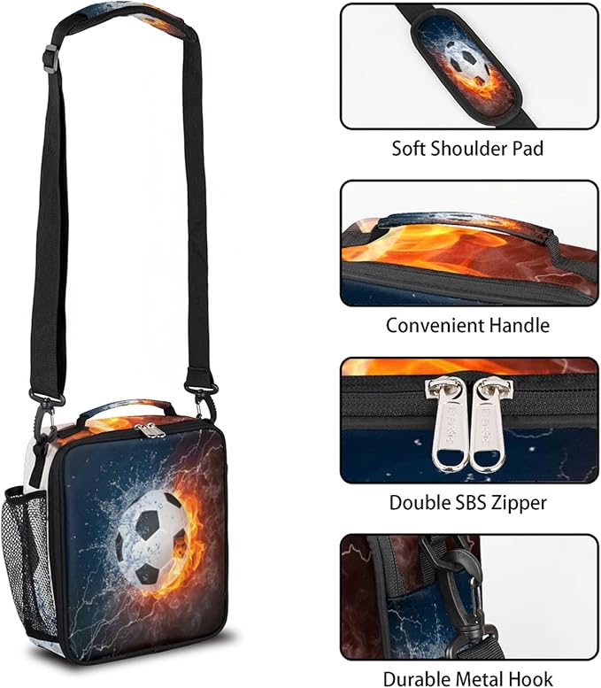 Bardic Fire Soccer Ball Lunch Box for Kids, Sports Football Insulated Bag Boys Girls, Reusable Waterproof with Adjustable Shoulder Strap Cooler Tote School, Work, Picnic, One Size