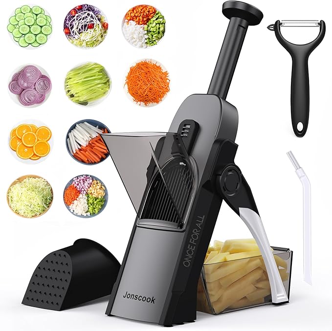 Safe Mandoline Slicer for Kitchen, Adjustable Thickness 0.1-8 mm, 5 in 1 Multi Vegetable Chopper, Potato Slicer, Food Chopper French Fry Cutte, Paring Knife/Cleaning Brush, Mandolin (BlackKnight)