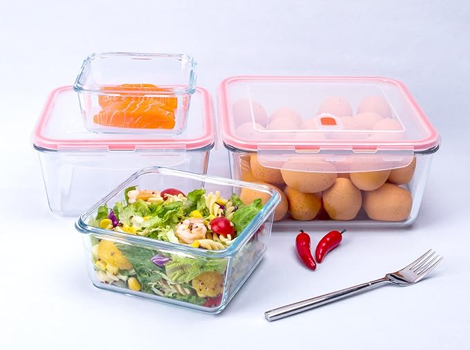 Extra Large Glass Storage Containers with Lids, Set-8-Piece Lunch Containers, Ideal for Storing Food, Vegetables, Fruits, Baking Cake & lot of other Tasty Food (Square)