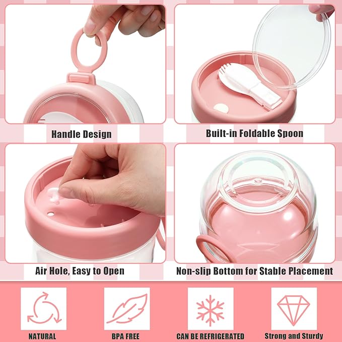 4 Pcs Overnight Oats Container with Lids and Spoons, 20 oz Plastic Overnight Oats Jars Large Capacity Airtight Yogurt Container for Milk, Fruit, Cereal and Salad Storage (Pink)