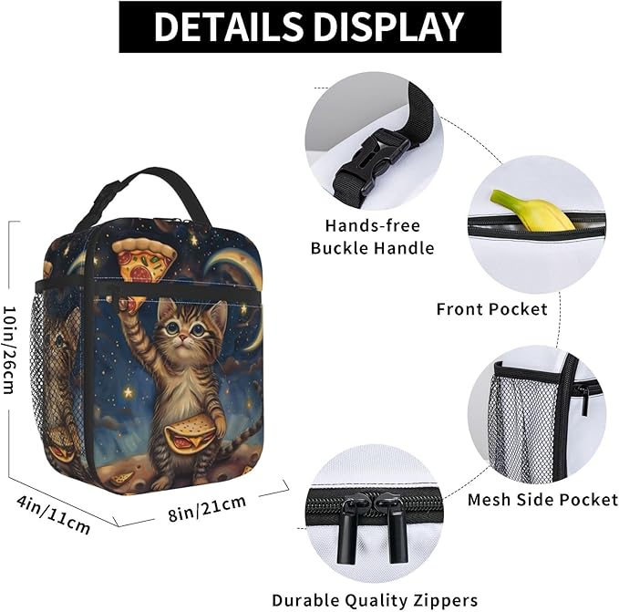 Insulated Lunch Box for Kids Boys Girls, Reusable Lunch Bag for School, Office, Work, Picnic, Travel, Cute Cosmic Cat Pizza Lunch Box