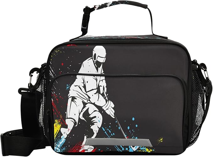 Pfrewn Hockey Player Rainbow Lunch Box for Kids School Students Insulated Lunch Bag with Shoulder Strap for Office Adults Reusable Cooler Bags Lunch Tote