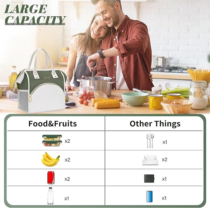 LOKASS Lunch Bag Women Insulated Lunch Box, Wide-Open Lunch Tote Bag Leak-proof Cooler Bag for Work Picnic-(Army Green)