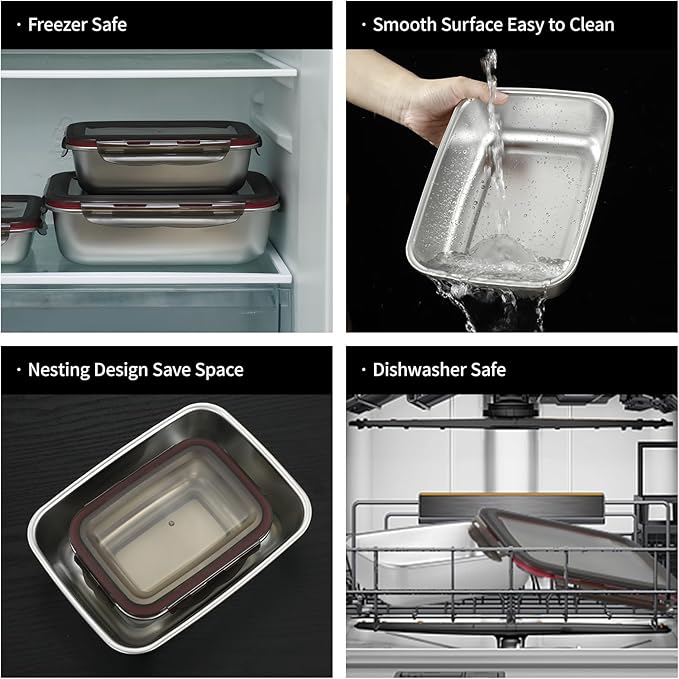 4PCS Stainless steel Food Storage Container with lids - Leakproof & Airtight for Kitchen,Meal Prep Lunch Box, Stackable Leftover Containers for Freezer Oven Safe 220ml/600ml/1500ml/2900ml