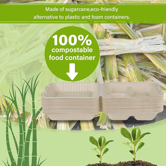 Greensight Compostable Take Out Container 8x8, Disposable To Go Food Boxes With 3 Compartments, Biodegradable Clamshell Container, Eco-Friendly Made From Sugarcane Fibers