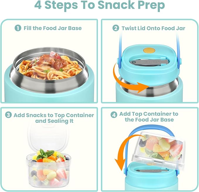 2-In-1 Soup Thermo for Hot Food Kids, 15 Oz Insulated Food Container and a Snack Box, Wide Mouth, Leak Proof, Stainless Steel Spoon, Dishwasher Safe Food Thermo Set for School, Work,Tiffany Blue