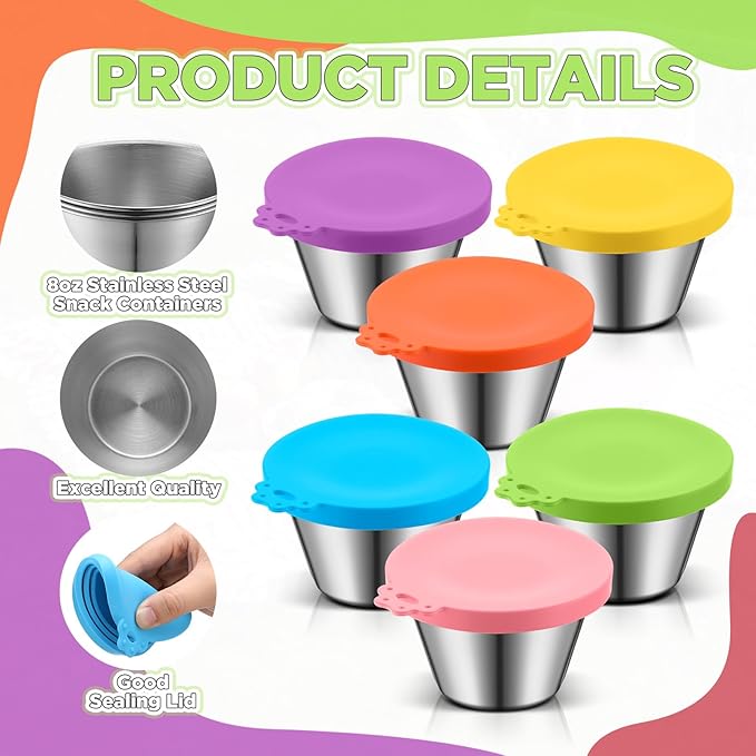12 Pack 6 oz Stainless Steel Snack Containers with Silicone Lids Leak Proof Metal Snack Containers Stackable Lunch Box Food Storage for Daycare Travel Picnic