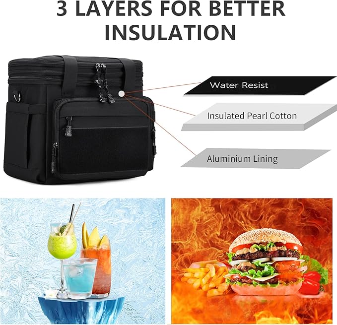 Tactical Lunch Box for Men, Insulated Lunch Bag Adult, Thermal Lunchbox Leakproof Waterproof Cooler Bag, Large Lunch Pail for Work Office Camping Travel (Black)