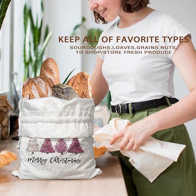 Pink Christmas Bread Bags for Homemade Bread 2Pcs,Pink Christmas Tree Decorations for Kitchen Sourdough Bread Baking Supplies Storage,Kitchen Reusable Linen Bread Boxes Pink Christmas Gifts for Women 15.5*11.8