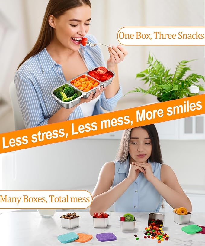3 Pack Stainless Steel Snack Containers for Kids & Adults - Leek Proof Metal Bento Lunch Box with 3 Compartment - Lunchable Containers for Daycare, School, Work, Travel - Stackable Bento Snack Box