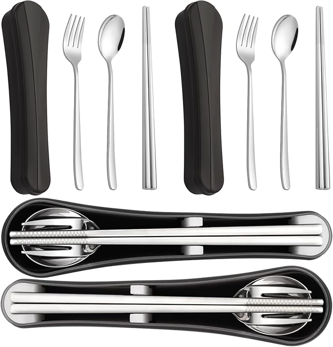 2 Pack Travel Utensils with Case, PHILIPALA Portable Reusable Silverware Set for Lunch Work Picnic, 18/8 Stainless Steel Camping Cutlery Set Includes Fork Spoon Chopsticks(Silver)