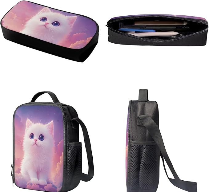 Dolyues White Cat 17-inch School Backpack, Convenient Dual-Shoulder Lunch Bag, & Practical Pencil Pouch – Ideal for Organizing School Supplies & Meals