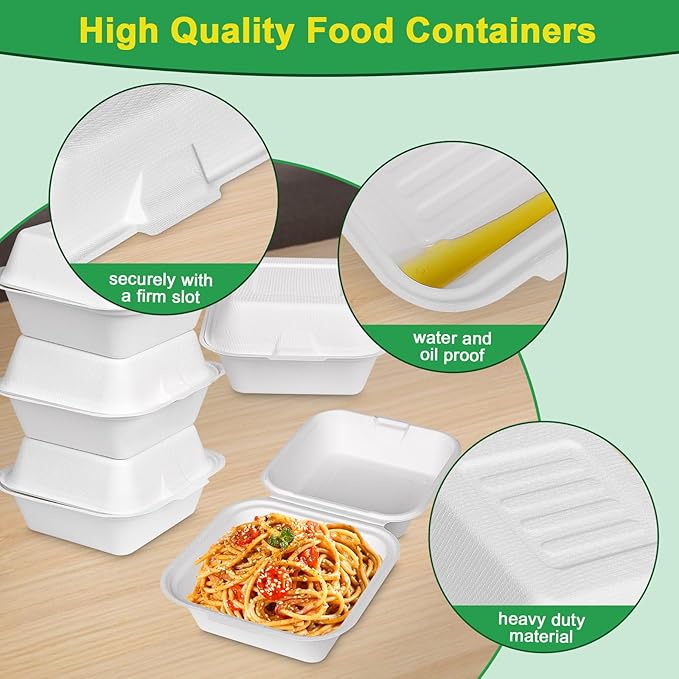 6x6 Clamshell Take Out Containers, 100 Pack To Go Boxes, Compostable To Go Food Containers, Heavy-Duty Take Out Boxes Made Of Sugar Cane Fibers