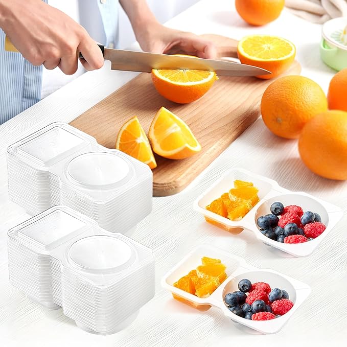 Qeirudu 10 Sets 4.5oz Reusable Plastic Snack Containers, Double Compartment Condiment Containers with Lids for Meal Prep, Dipping Sauce, Portion Control, Travel Snack