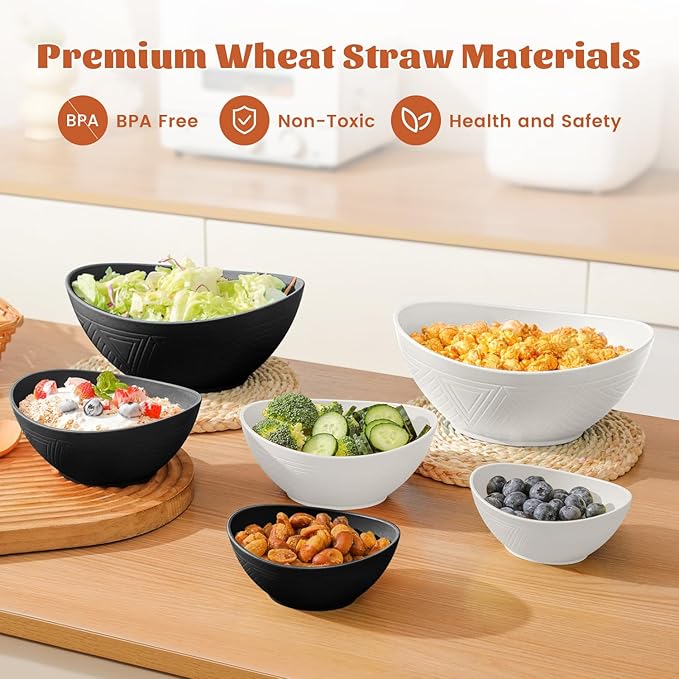 Homienly Wheat Straw Bowls with 3 Size, Mixing Bowls 6 PCS - 60 OZ/26 OZ/10 OZ, Microwave and Dishwasher Safe Bowls for Salad, Snack, Cereal(Panda Color)