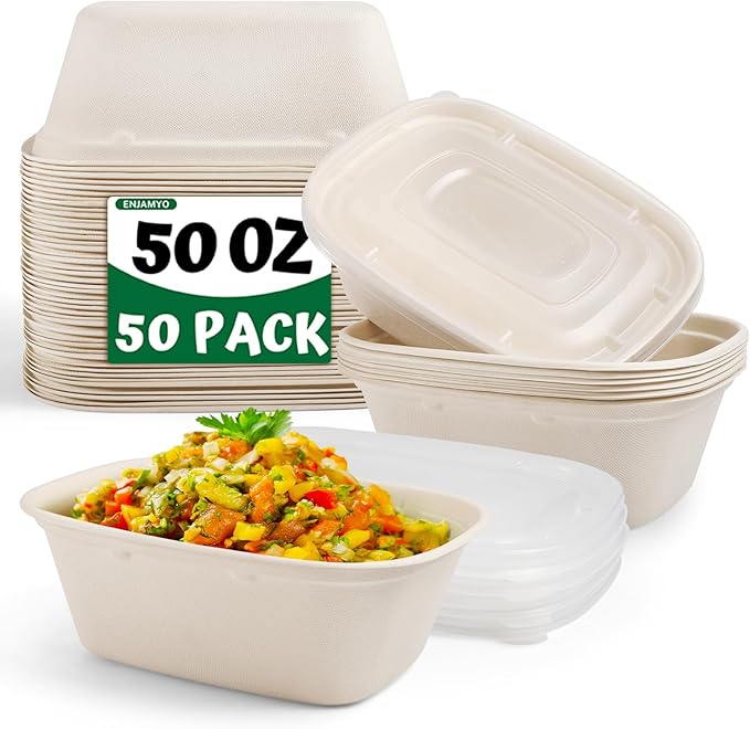 50 Pack 50 OZ Large Paper Bowls with Lids,Heavy Duty Disposable Bowls Bulk,Compostable Paper Take Out Food Containers for Hot/Cold Use,Leakproof,Microwave Safe