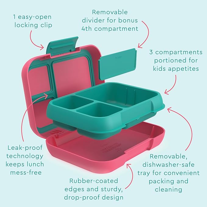 Bentgo Pop - Leak-Proof Lunch Box & Removable Divider for Ages 8+ & Teens - Lunch Container Holds 5 Cups of Food; 3-4 Compartments; Microwave/Dishwasher Safe; 2 Year Warranty (Bright Coral/Teal)
