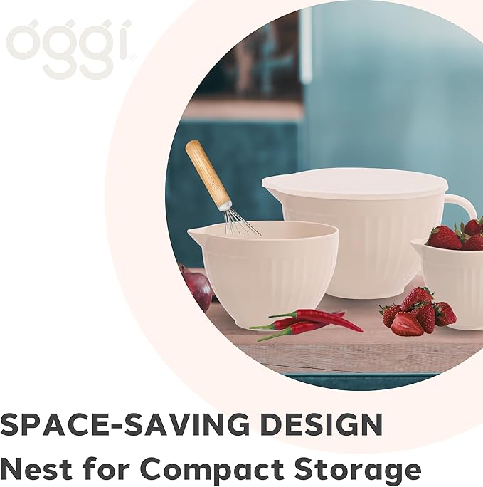 Oggi Set of 3 Mixing Bowls with Pour Spout - Nested Plastic Bowls for Kitchen, Durable Mixing Bowls with Lids Set, BPA-Free Plastic Bowls with Lids - 0.5, 1, 2 Qt