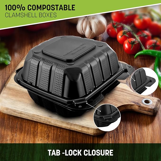 8X8X3 50-Pack Plastic Clamshell Takeout Food Trays Heavy Duty Disposable Box For Pasta Salad Sandwich Carryout Meal Prep Packaging Catering Hinged Containers With Secure Snap Lid - Black
