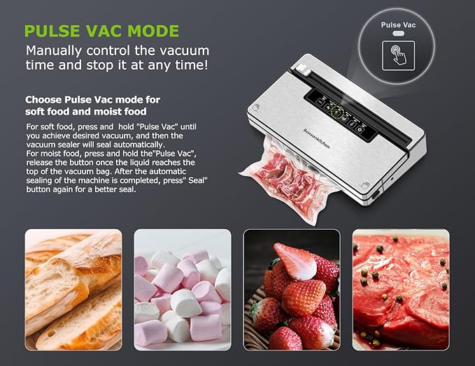 Bonsenkitchen Vacuum Sealer Machine, Stainless Steel Food Sealer Vacuum Sealers with 30 Bags & 1 Roll, 5 Food Vacuum Modes, Built-in Cutter & Bag Storage, Climate Pledge Friendly (Silver Black)
