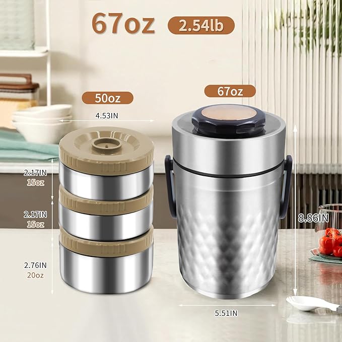 67oz Thermos for Hot Food,3-Layer Sealed Stackable Food Thermos,with Lunch Bag Soup Thermos Wide Mouth,It Is Suitable for Daily Office Meals, and Outdoor Meals (Silver)
