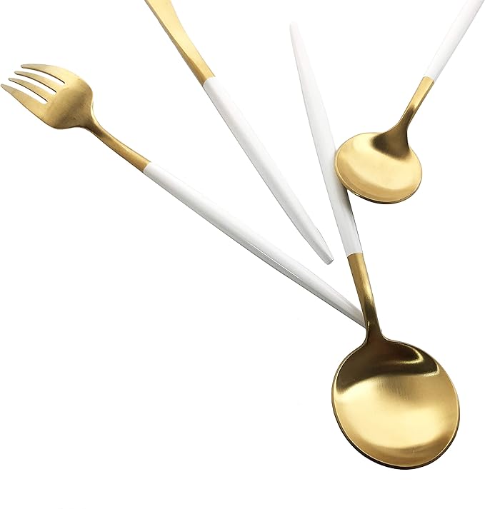 Silverware Set, Hand polished Matte Gold White Flatware Cutlery Set Service for 4, Satin Finish 20 Pieces 18/10 Stainless Steel Utensils Set for Home and Restaurant, Dishwasher Safe