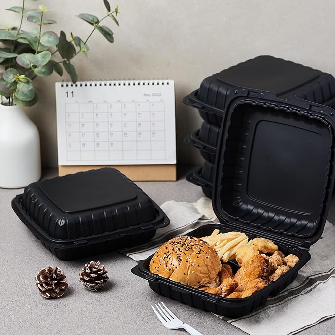 9X9 3-Compartment 50-Pack Plastic Clamshell Takeout Food Trays Heavy Duty Togo Disposable Box For Pasta Salad Sandwich Carryout Hinged Containers With Secure Snap Lid (Formerly FULING)