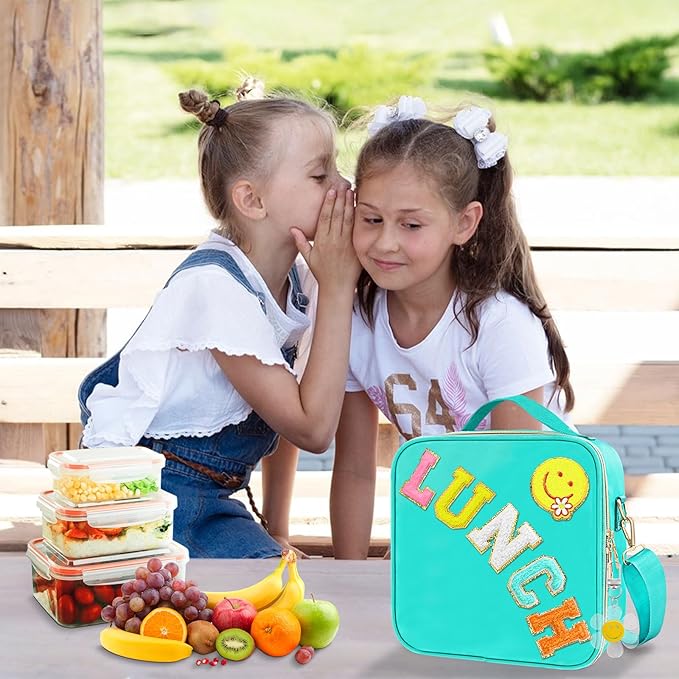 Insulated Girls Lunch Box, Preppy Lunch Box for Teen Girls, Cute Girls Lunch Bag for Kids, Large Reusable Cute Cooler Bag with Adjustable Shoulder Straps,Perfect for School Travel Picnic(Cyan)