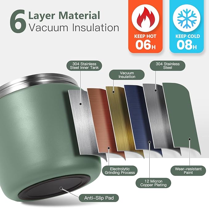 Thermo for Hot Food 32oz, Vacuum Insulated Food Jar for Adults, Stainless Steel Soup Thermo Wide Mouth Leakproof Lunch Containers with Spoon for School Office, Green