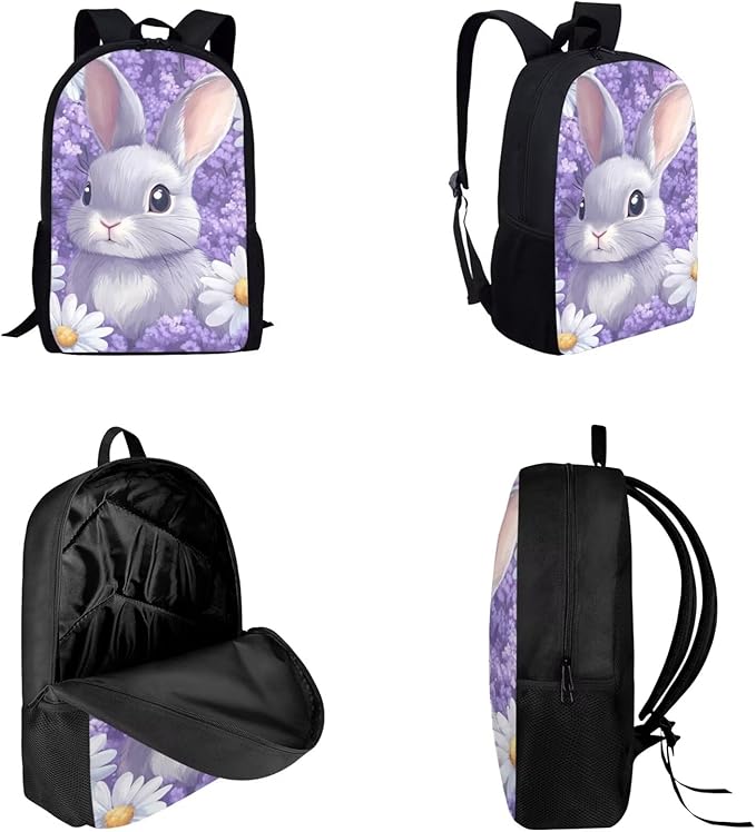 Dolyues Purple Flower Rabbit Girls' Backpack Set 17-Inch Lightweight Backpack, Double Compartment Lunch Bag & Organizer Pencil Case - Ages 5-10