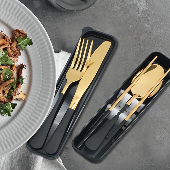 Black Portable Flatware Cutlery Set, TWUTGAYW Stainless Steel Travel Utensils with Case, Reusable Chopsticks Knife Spoons and Forks Set, Gold Camping Utensils Set for Lunch, Office, School, Picnic