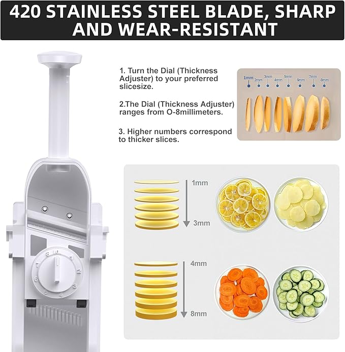 Safe Mandoline Slicer for Kitchen, Adjustable Thickness 0.1-8 mm, Professional Vegetable Slicer, Potato Slicer, Food Chopper French Fry Cutte, Mandolin, Slicer Vegetable Cutter (just Slice, White)