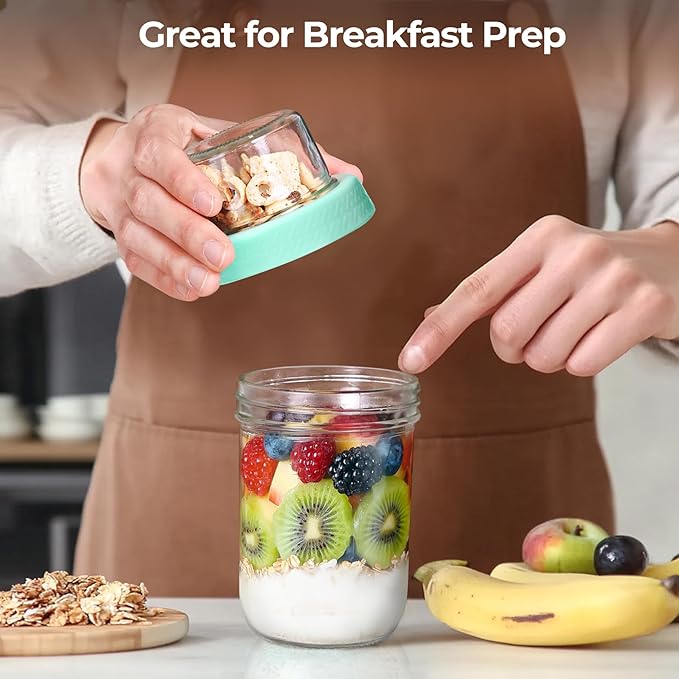 ComSaf 2-Pack 16 oz Overnight Oats Containers with Lids, Dual-Laryer Chia Pudding Jars with Dry and Wet Separation, Yogurt Parfait Cups for Oatmeal Cereal Nut Fruit, Meal Prep Glass Jars for Salad