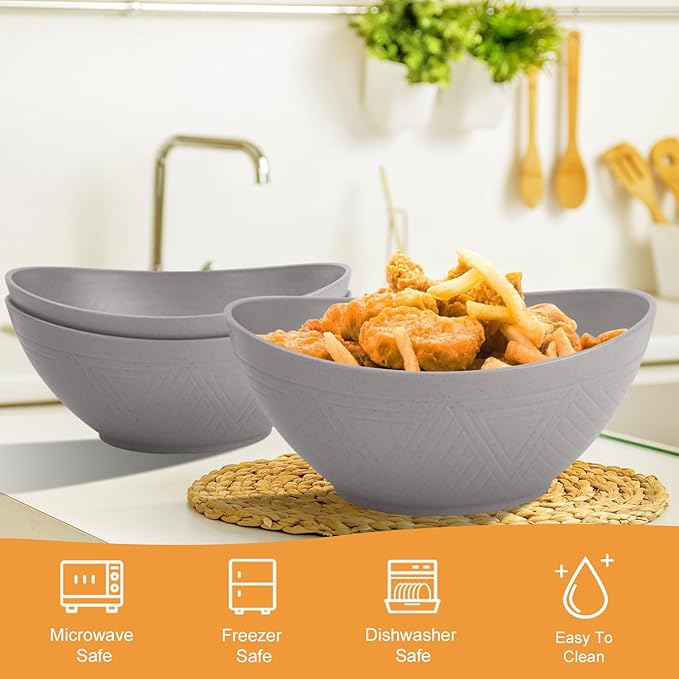 Homienly Wheat Straw Bowl Set Large Serving Bowls for Party 60 OZ Plastic Bowls Reusable Large Serving Dishes Microwave & Dishwasher Safe Prep Salad Bowls for Entertaining Bowl Set of 2 - Grey