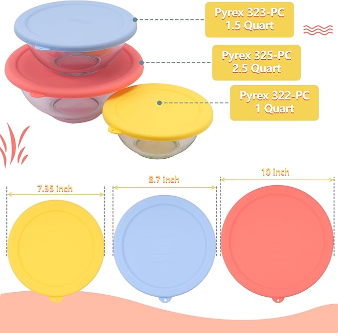 3 Pack Silicone Lids Only Fit for Pyrex 322-1 Quart / 323-1.5 Quart / 325-2.5 Quart Smart Essentials Rimmed Glass Mixing Bowls, Dishwasher and Microwave Safe (Lids Only)