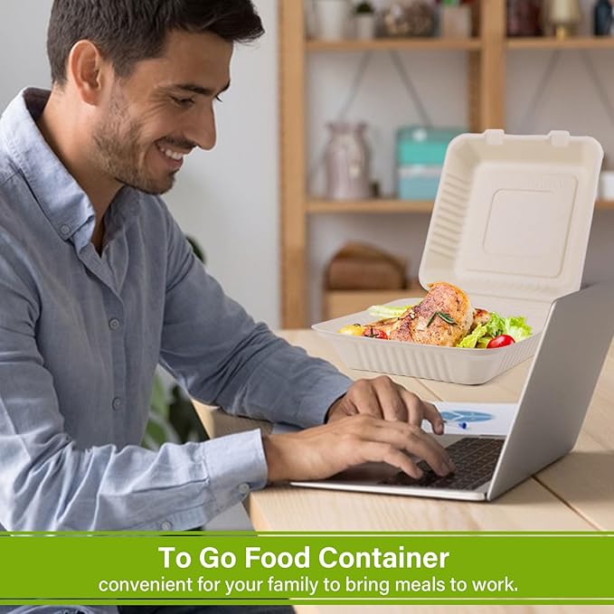 greensight Clamshell Take Out Food Containers 8X8, 100 Pack Compostable To Go Containers, Disposable To Go Food Boxes, Eco-Friendly Made From Sugarcane Fibers