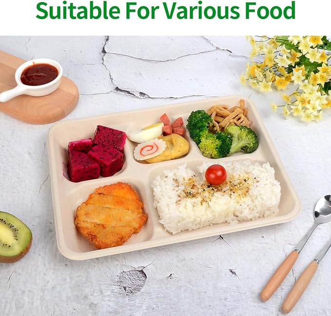 bloomoon 100 Pack 5 Compartment Paper Plates, 10 * 8 inch Disposable Lunch Trays with 5 Compartment, Heavy Duty Divided Paper Plates for Buffet, School, Party