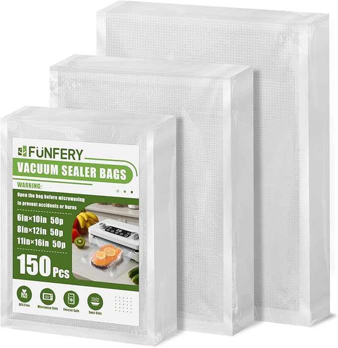 FUNFERY Precut Vacuum Sealer Bags for Food, 150 Pint 6" x 10" and Quart 8" x 12" and Gallon 11" x 16", Food Long-Term Storage and Sous Vide Commercial-Grade Bag, BPA Free