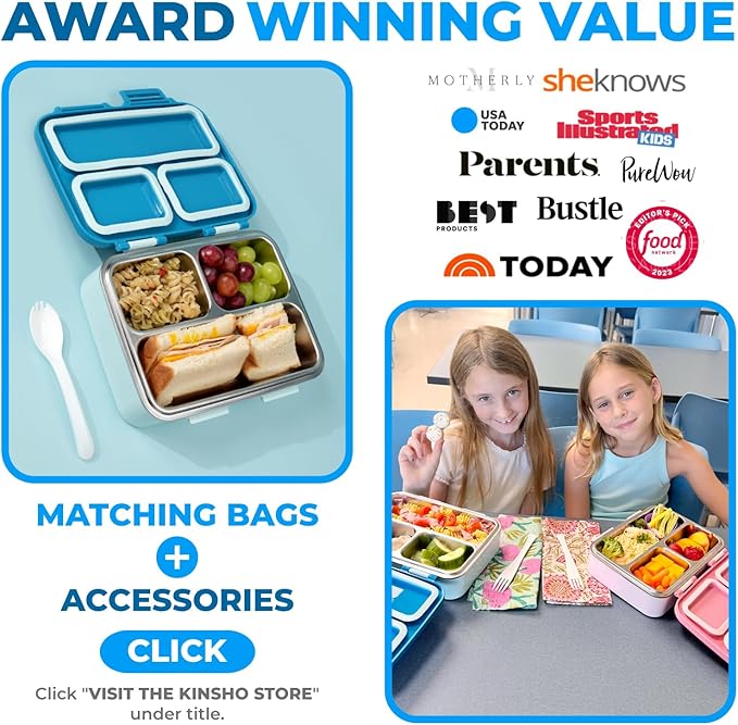 kinsho Stainless Steel Bento Box Lunch Container for Kids Adults with Removable Tray, Leakproof Silicone Seals, BPA Free 26 oz/790 mL (Blue)