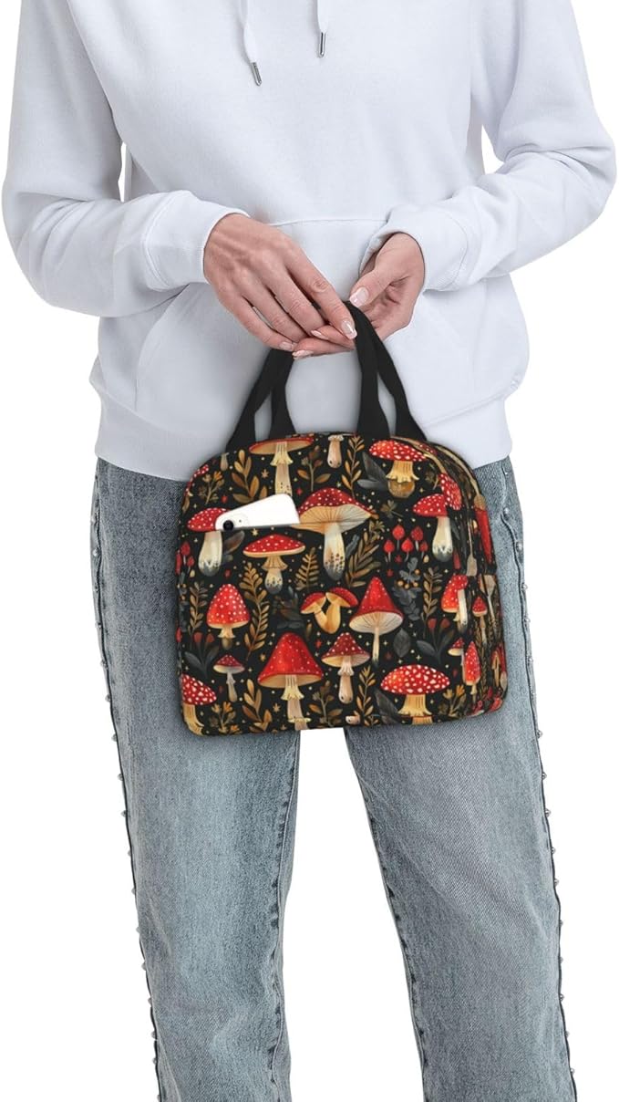 Mushroom Lunch Box Vintage Mushroom Leaf Forest Insulated Lunch Bag for Kids Women Men Reusable Cooler Botanic Lunch Tote Bag with Front Pocket for Girls Boys Students School Picnic Travel Office