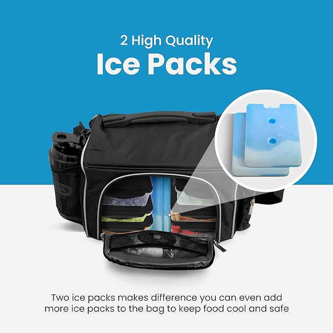 Meal Prep Bag Insulated Lunch Meals Bag W/6 Portion Control Containers,2 ICE PACKS, Shaker, Pill Box,With an Adjustable shoulder. bag for meals (Black)