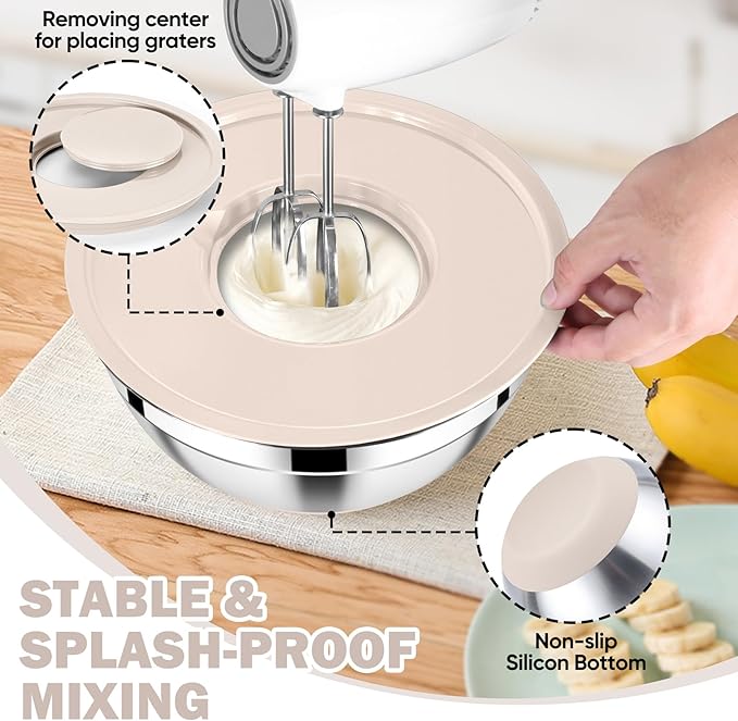 E-far 25PCS Mixing Bowls with Lid Set, Stainless Steel Nesting Prep Bowls with Grater Attachments Kitchen Gadgets Non-Slip Bottoms for Cooking, Serving, Food Storage, 4.6/2.6/2/1.5/1/0.7QT - Khaki