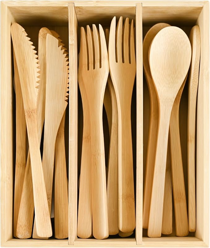 Bamboo Cutlery Reusable with Silverware Organizer, 16Pcs Flatware Set with Bamboo Forks Spoons Knives, Reusable Cutlery with Portable Storage Case for Home and Travel Camping Hiking
