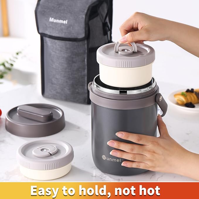 Adults Lunch Vacuum Soup Thermos For Hot Food with Inserts Stackable Bento Box Storage Container,Width Mouth Stainless Steel Portable Insulated Food Jar (grey, 74 oz)