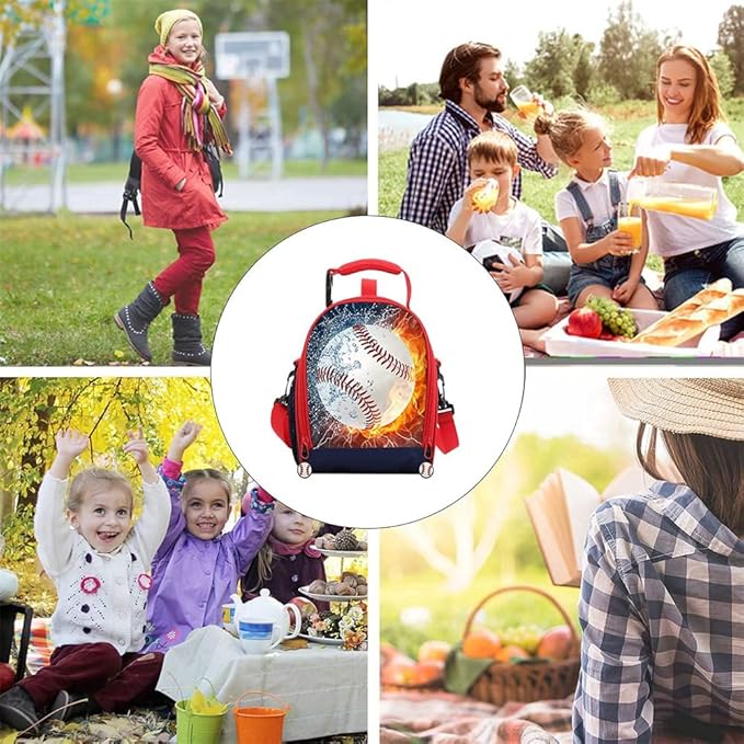 Boys Insulated Lunch Box, Baseball Theme, Polyester Material, 7.5in x 4.3in x 9.8in