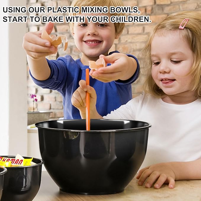 5-Piece Plastic Mixing Bowls with Lids Set for Kitchen, Nesting Bowls for Mixing, Baking, Prepping, Cooking and Serving Food, Black Mixing Bowls Dishwasher, Microwave Safe