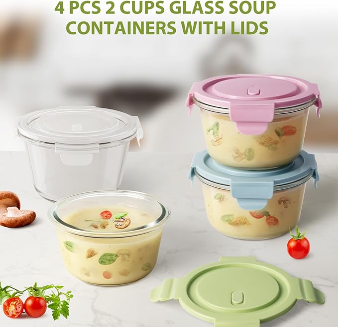 4 PCS Glass Meal Prep Containers with Lids, Airtight 2 Cup Glass Storage Containers Set, Heat-Resistant BPA-Free Glass Containers for Soup Leftover, Microwave, Dishwasher, and Freezer Safe (4 Packs)