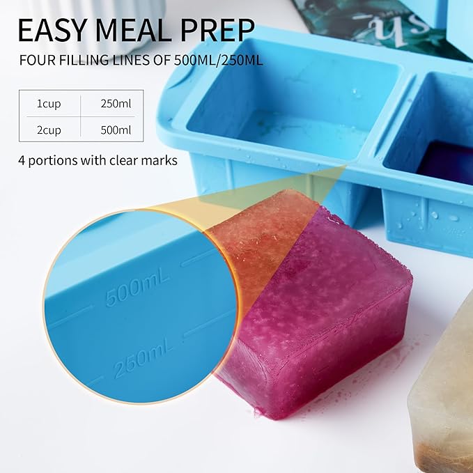 Silicone Freezer Tray with Lid 2 Pack Silicone Freezer Molds - Large Ice Cube Tray - Makes 4 Perfect 2 Cup Portions Soup Cubes Meal Prep Containers- Oven & Dishwasher Safe