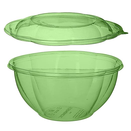ECO PRODUCTS Compostable 32oz Salad Bowl, Clear Green PLA Plastic, With Lid, Pack of 50, Veridian Grab 'n' Go Round Cold Takeout Food Containers, Renewable Plant-Based, Disposable